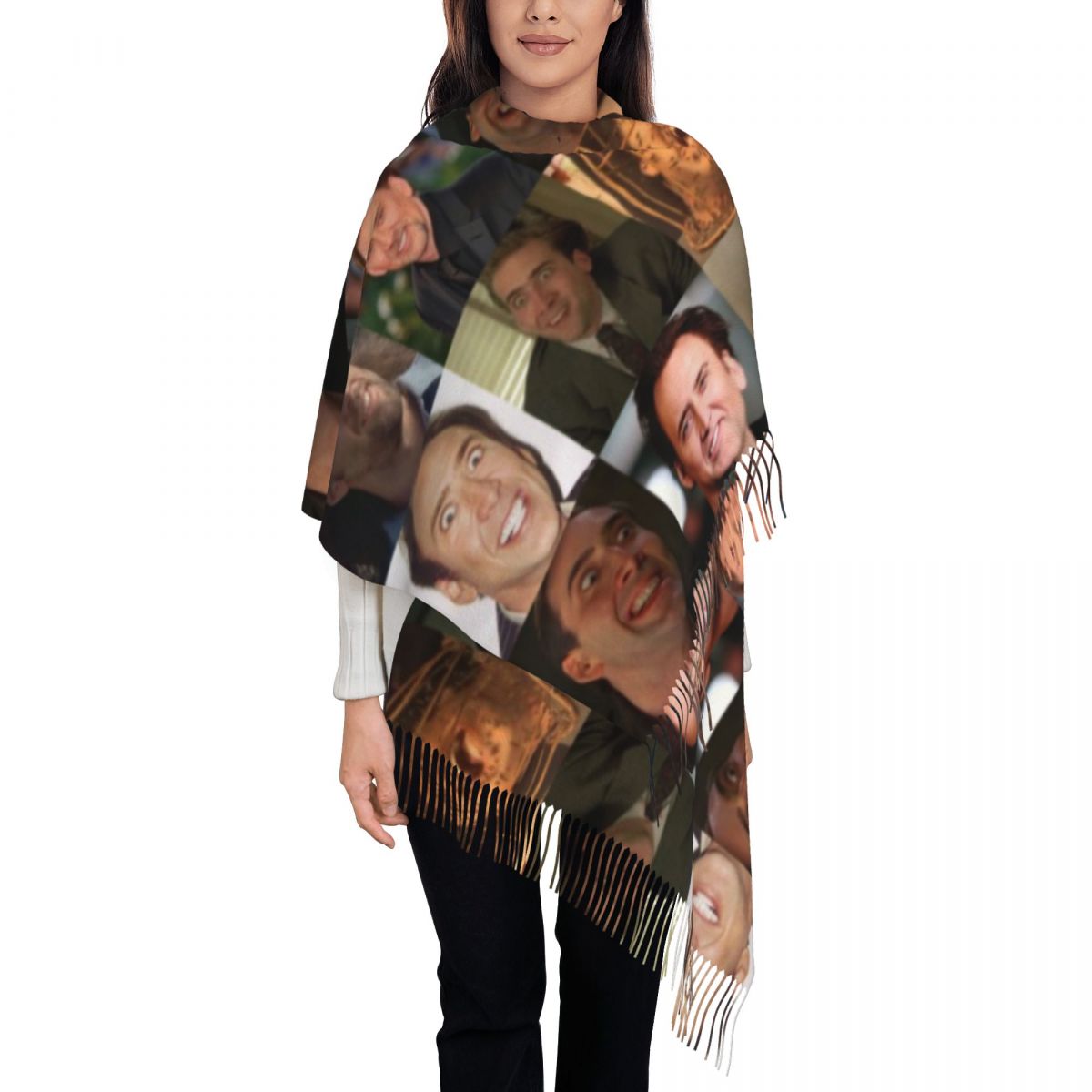 Pashmina Wrap Large - ผ้าคลุมไหล่ลายมีมหน้าตลกของนิโคลัส เคจ ผ้าพันคอผู้หญิงสำหรับฤดูหนาว ผ้าพันคอเนื้อนุ่มขนาดใหญ่ ผ้าพันคอพิมพ์ลายนิโคลัส เคจ