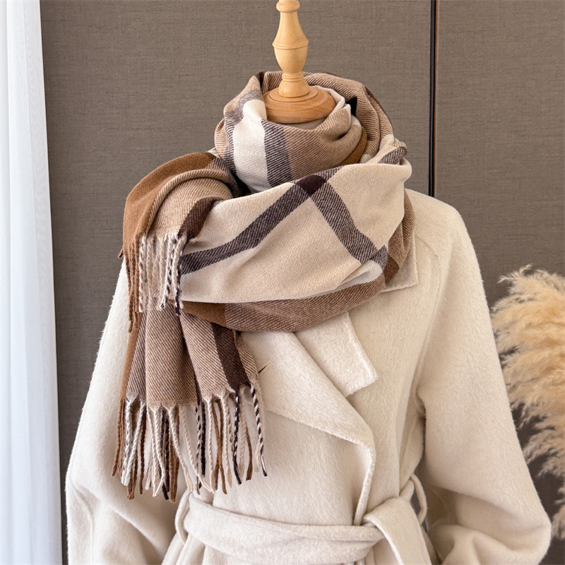 Pashmina Wrap Large - ผ้าคลุมไหล่ลายสก็อตสำหรับผู้หญิง ขนาด 190*68 ซม. ผ้าคลุมไหล่แคชเมียร์เทียมพร้อมพู่ ผ้าห่มพашมิน่าอุ่นสบาย