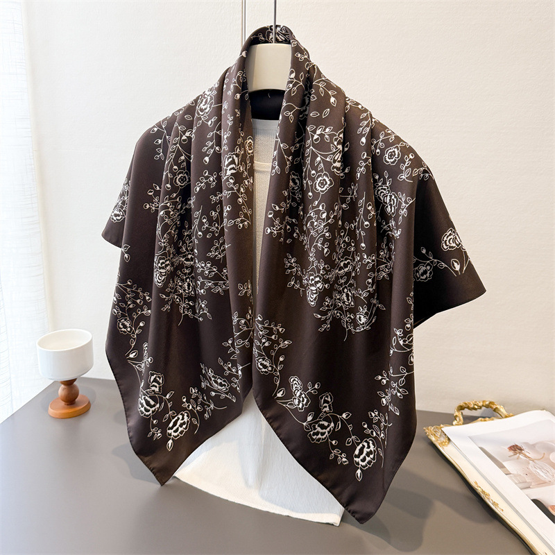 Face Scarf Mask - ผ้าพันคอสี่เหลี่ยมหรูหราสไตล์วินเทจ ขนาด 90x90 ซม. สำหรับผู้หญิง ผ้าพันคอเนื้อนุ่มพิมพ์ลายดอกไม้