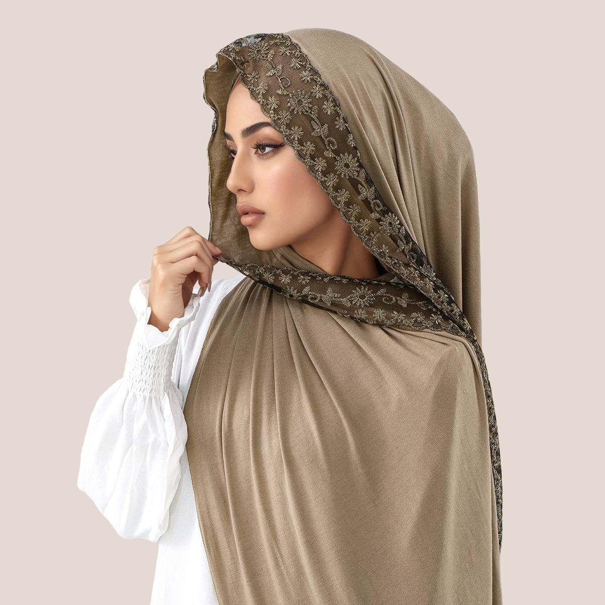 Head Wrap Turban - ผ้าคลุมศีรษะมุสลิมแบบยาว ผ้าฝ้ายเจอร์ซีย์ปักลายลูกไม้ ผ้าพันคอ ผ้าคลุมศีรษะ ผ้าโพกหัว ผ้าคาดผมสำหรับวันอีด