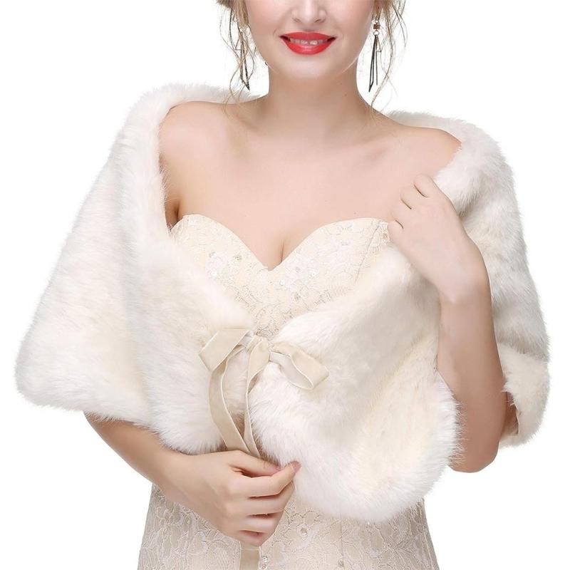 Stole Wedding Shawl - 652F ที่มีความซับซ้อน Faux Furs ผ้าคลุมไหล่ผ้าพันคอสำหรับเจ้าสาวและเพื่อนเจ้าสาว Bows