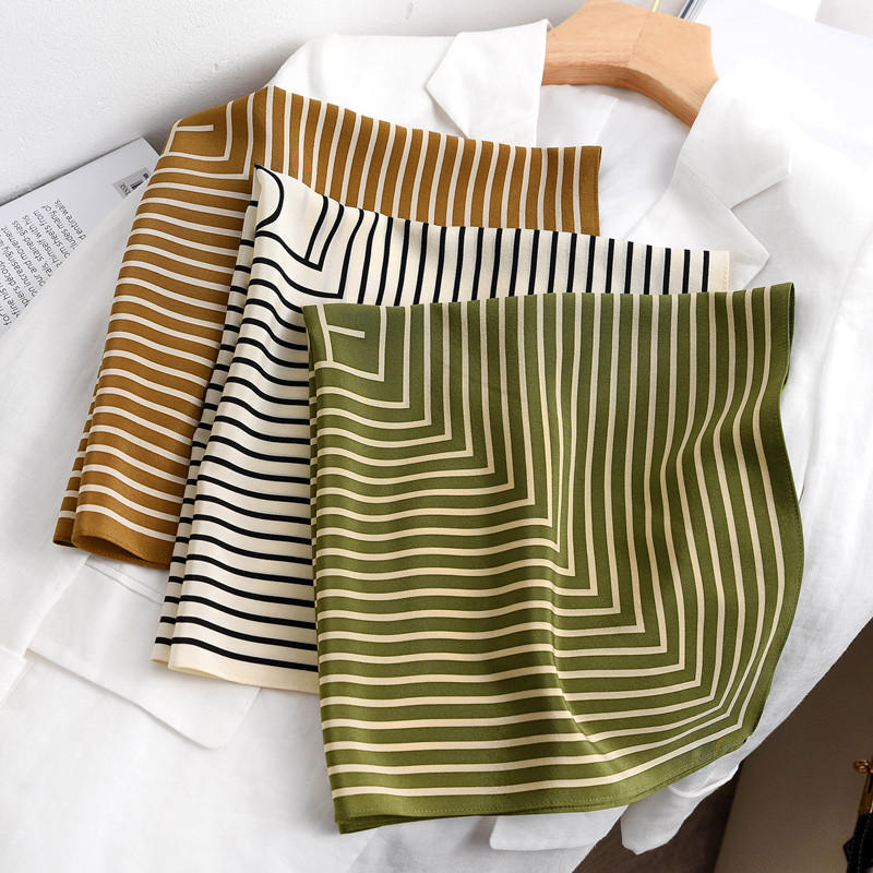 Silk Tie Striped - ผ้าพันคอผ้าไหมคลุมหัวพิมพ์ลาย100% กระเป๋าใส่หมวก58x58CM แฟชั่นฤดูร้อน