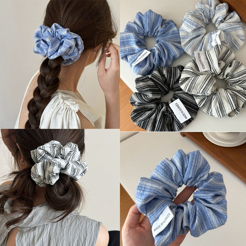 Silk Tie Striped - 2024 เกาหลีแฟชั่นผมยางวงสาวสีฟ้า Scrunchie ใหญ่ผม Tie สีทึบผ้าไหมผมอุปกรณ์เสริม