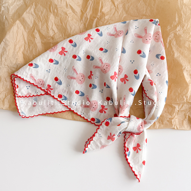 Ascot Neck Scarf - ผ้าพันคอผ้าฝ้ายลินินทรงสี่เหลี่ยม 58 ซม. พิมพ์ลายดอกไม้ คุณภาพสูง นุ่ม