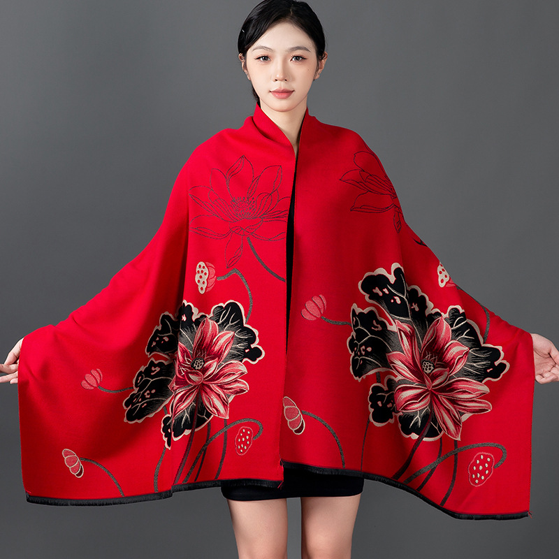 Woven Scarf Blanket - ผู้หญิงฤดูหนาวผ้าคลุมไหล่ผ้าพันคอผ้าพันคอผ้าพันคอดอกไม้พิมพ์ผ้าคลุมไหล่ Pashmina ผ้าพันคออบอุ่นหนาผ้าห่มเดินทางหญิงทั้งหมด Echarpe