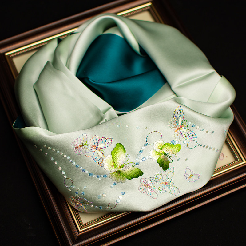 Silk Neck Scarf - ผ้าพันคอไหมซูโจวปักลาย, ผ้าพันคอไหมหม่อนปักลาย, ของขวัญสุดพิเศษ