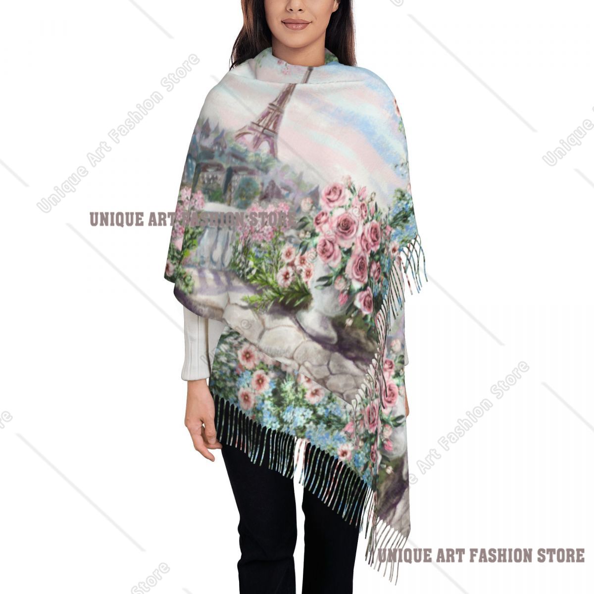 Pashmina Wrap Large - ผ้าพันคอไหมพรมลายดอกไม้สีน้ำ รูปหอไอเฟล ปารีส ฝรั่งเศส สำหรับผู้หญิง ผ้าคลุมไหล่ขนาดใหญ่