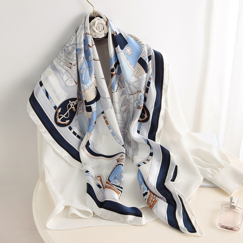 Silk Neck Scarf - 90*90 ซม.ผู้หญิงผ้าพันคอผ้าไหมสแควร์แบรนด์หรูขนาดใหญ่ผ้าคลุมไหล่ Neckerchief พิมพ์แถบคาดศีรษะหญิง Foulard ผ้าพันคอ
