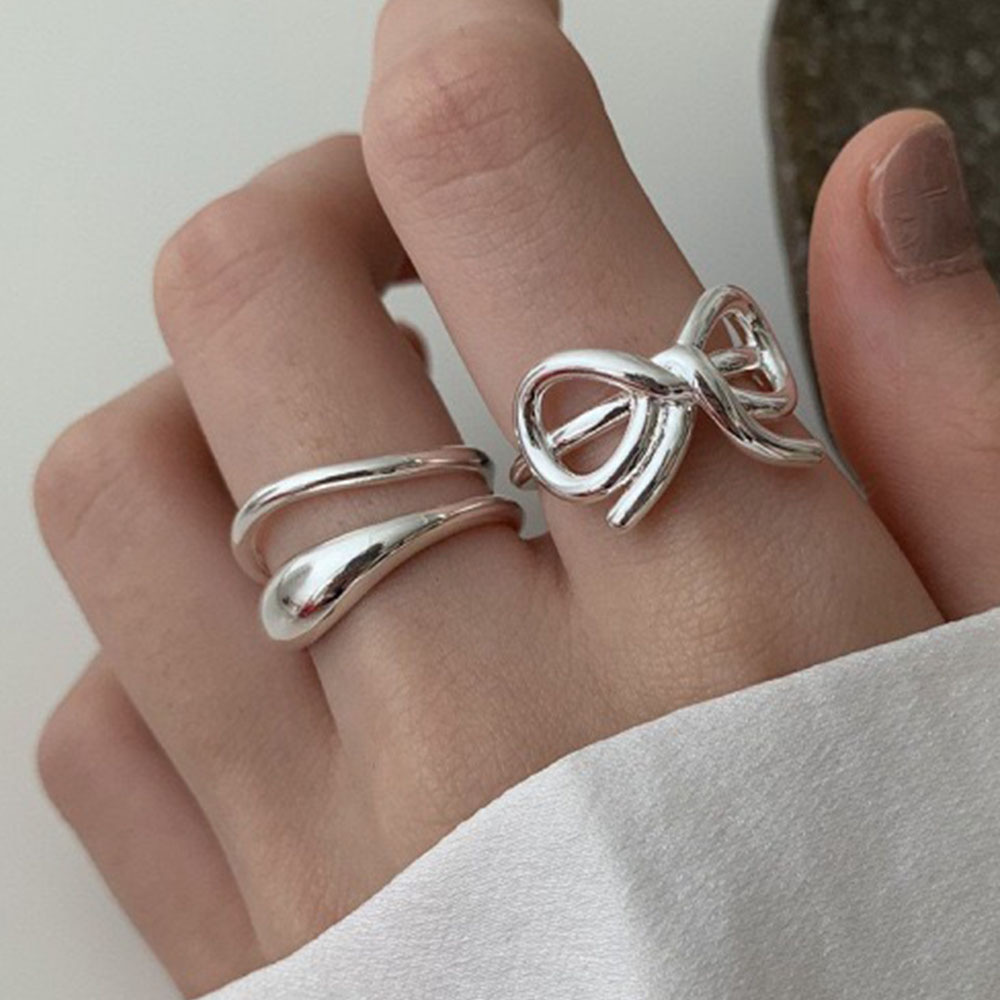 Tie Clip Silver - 925 เงินสเตอร์ลิงแหวนผู้หญิงเครื่องประดับนิ้วมือเปิด Vintage Hollow Bow แหวนสําหรับของขวัญวันเกิด
