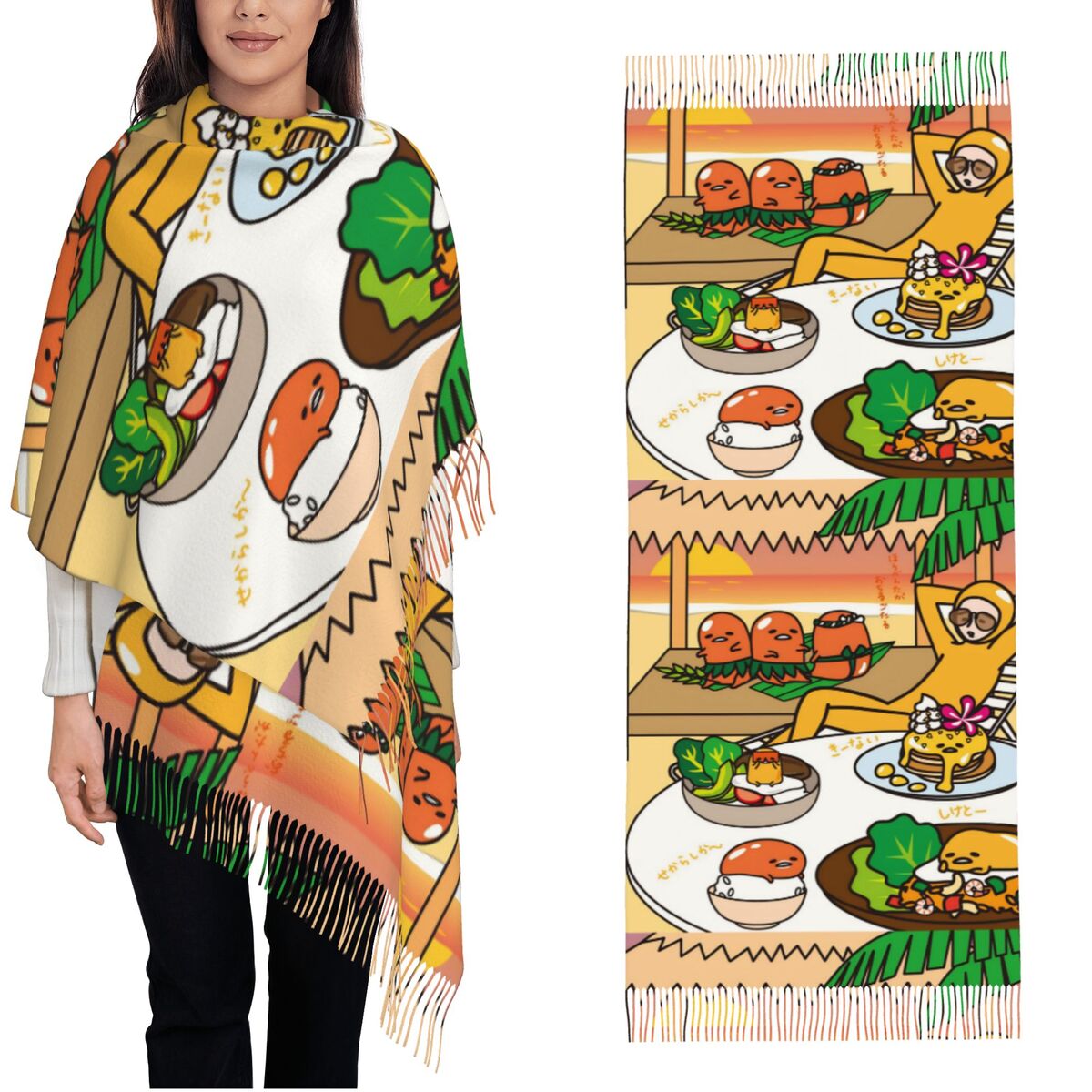 Pashmina Wrap Large - ผ้าพันคอผู้หญิงลายการ์ตูนกูเดทามะไข่น่ารัก พร้อมพู่ห้อย ผ้าคลุมไหล่ขนาดใหญ่ อุ่นสบายสำหรับฤดูหนาว ของขวัญ ผ้าพันคอแบบพัชมีนา