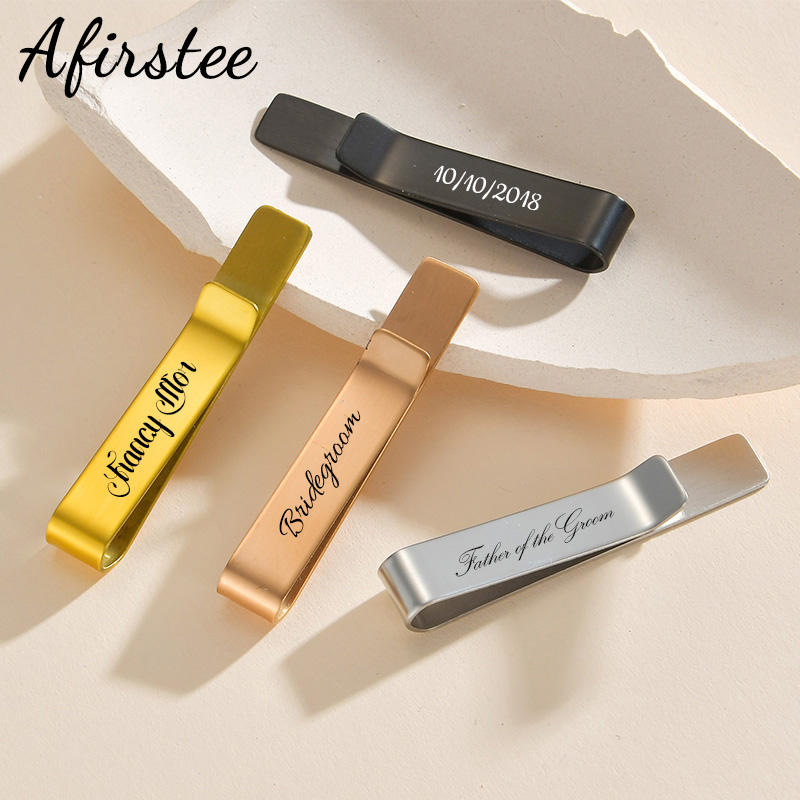 Tie Bar Set Gift - Afirstee สแตนเลสแกะสลักชื่อ Tie คลิปสําหรับชายโลโก้ที่กําหนดเองวันที่ผู้ชายชุด Tie Bar