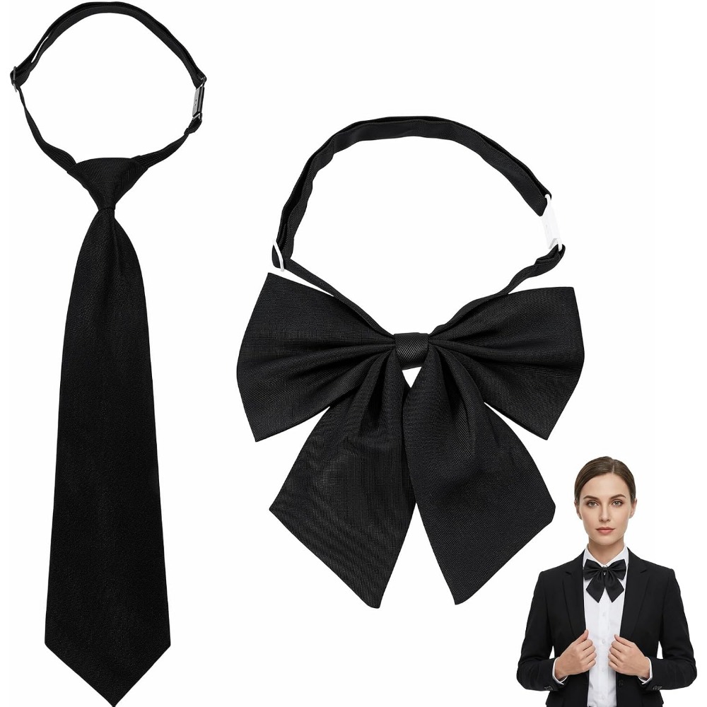 Bow Tie Pre Tied - โบว์ผูกผมสีดำสำหรับผู้หญิง โบว์ขนาดใหญ่แบบผูกสำเร็จรูป ปรับได้สำหรับงานพิเศษและเครื่องแบบ