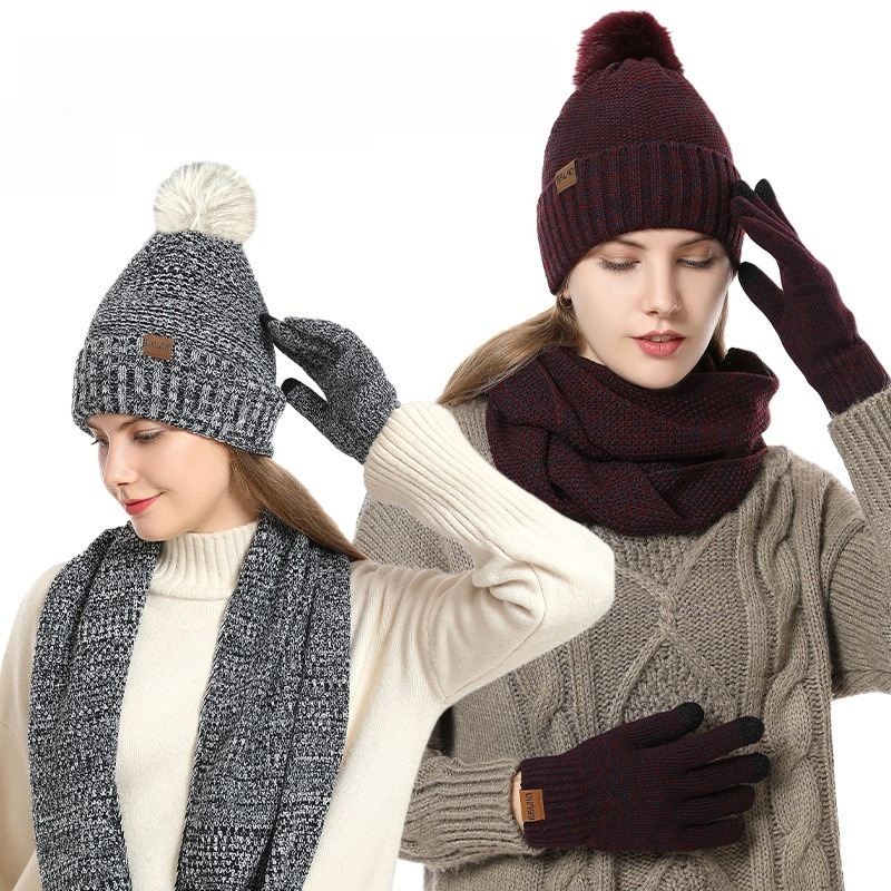 Infinity Scarf Knit - ชุดไหมพรมบุขนแกะสำหรับผู้หญิง 3 ชิ้น สำหรับฤดูหนาว ประกอบด้วยหมวกปอมปอม ผ้าพันคอแบบอินฟินิตี้