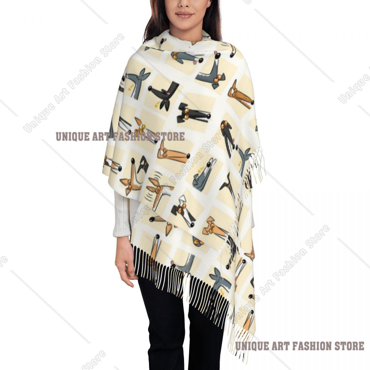 Pashmina Wrap Large - ผ้าพันคอพู่ห้อยสำหรับผู้หญิง สีครีมลายสุนัขเกรย์ฮาวด์ ขนาดใหญ่ สำหรับฤดูหนาวและฤดูใบไม้ร่วง ผ้าคลุมไหล่และผ้าพันคอสำหรับสวมใส่ในชีวิตประจำวัน ลายสัตว์