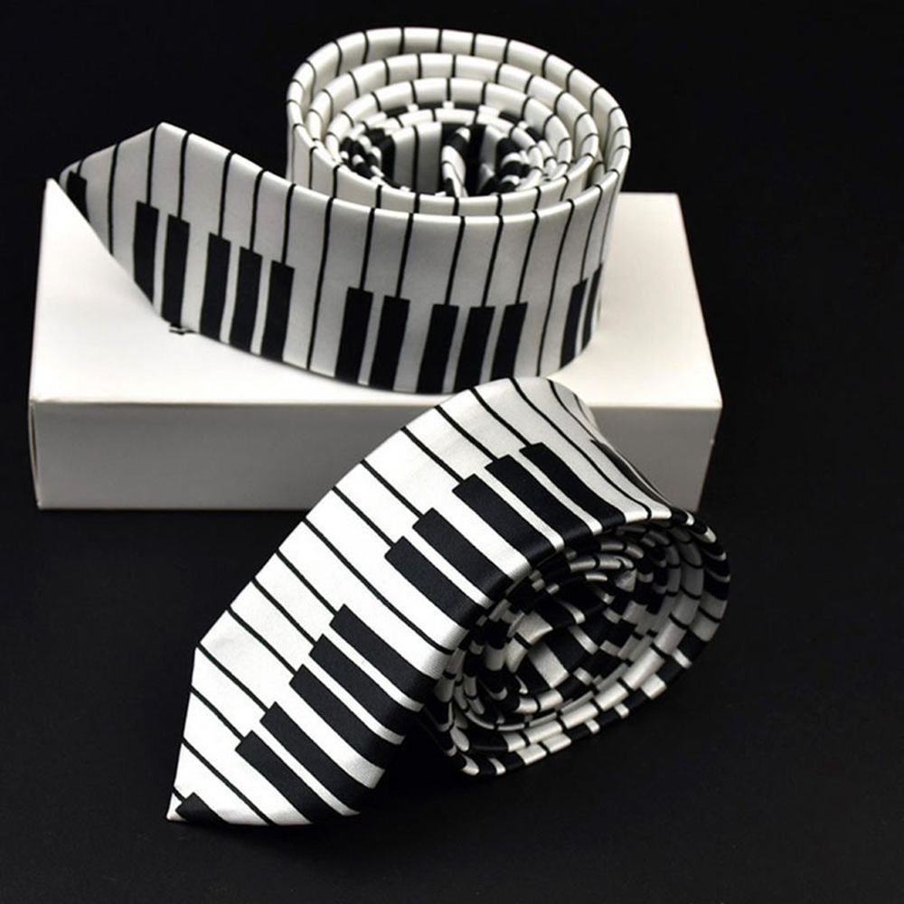 Skinny Tie Men - ผู้ชายหุ่นผอม ผ้าผูกเนคไทลายขาวดำ ลายดนตรีเปียโน ผ้าผูกคอแบบลำลอง