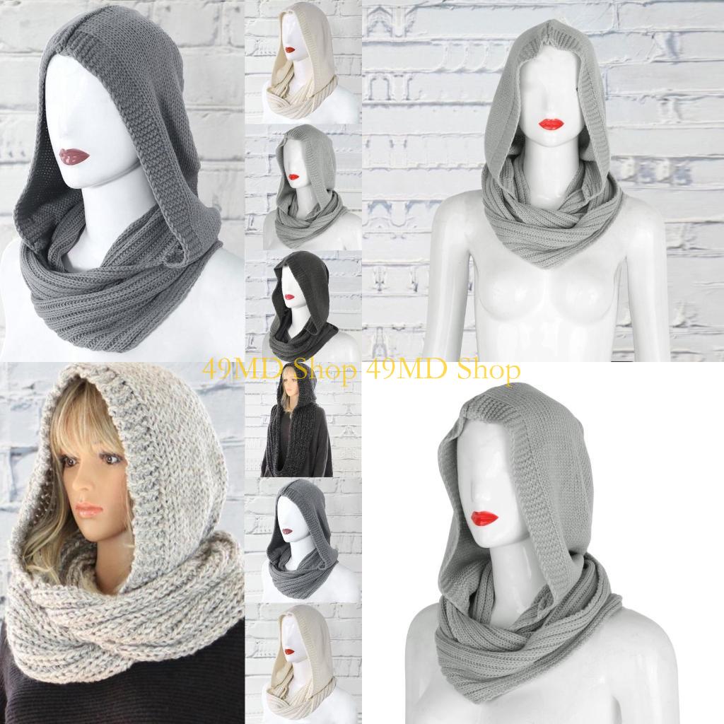 Infinity Scarf Knit - 49MD เสื้อสวมหัวถักสำหรับหมวกผ้าพันคออินฟินิตี้หมวกคลุมหมวกสีทึบหมวกหมวกสำหรับผู้หญิง