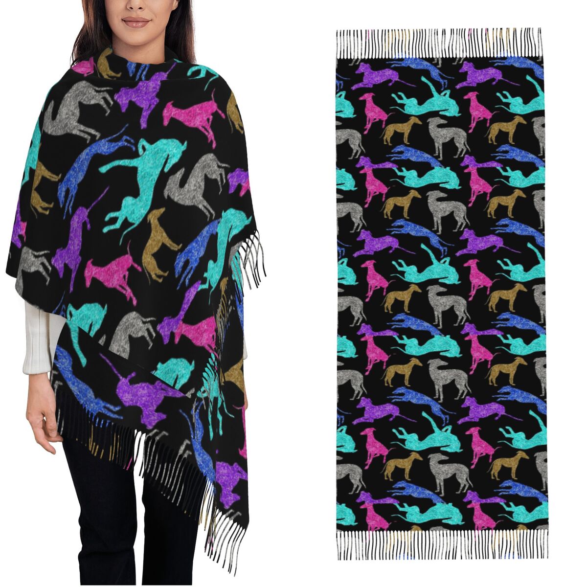 Pashmina Wrap Large - ผ้าพันคอคอมโบเกรย์ท เกรย์ฮาวด์ ผ้าพันคอพาชมินาอุ่นๆ และผ้าคลุมไหล่สำหรับสุนัขพันธุ์วิปเพ็ต ไซธ์ฮาวด์ ผ้าพันคอขนาดใหญ่พร้อมพู่ห้อย