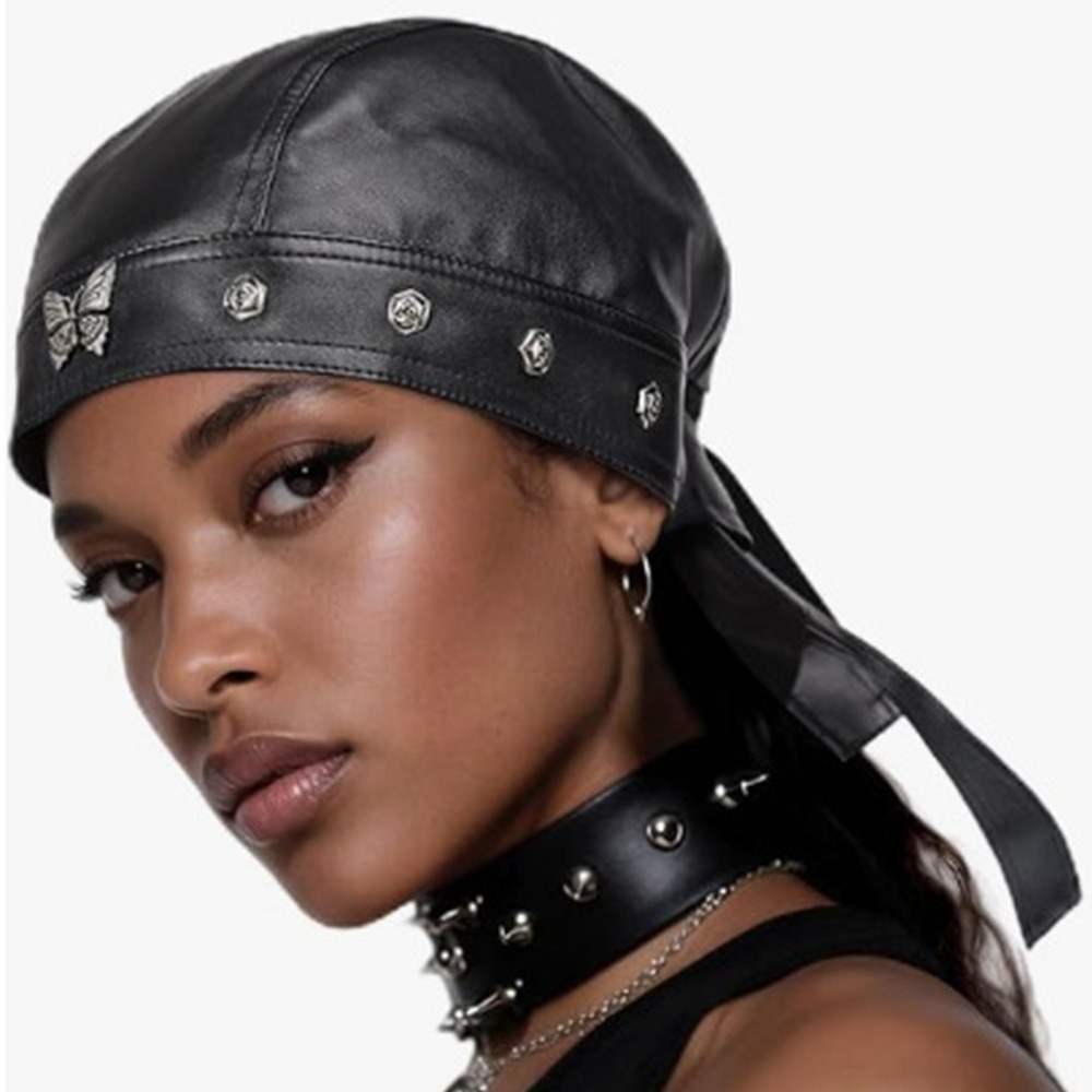 Bandana Doo Rag - หมวกหนัง PU สีดำแบบนักขี่มอเตอร์ไซค์ ปรับขนาดได้ กันน้ำ หมวกผ้าคลุมศีรษะแบบผีเสื้อ